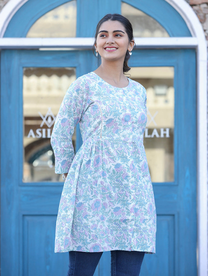 White Floral Print Cotton Shirt Tunic