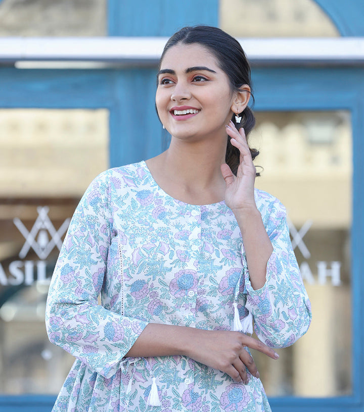 White Floral Print Cotton Shirt Tunic