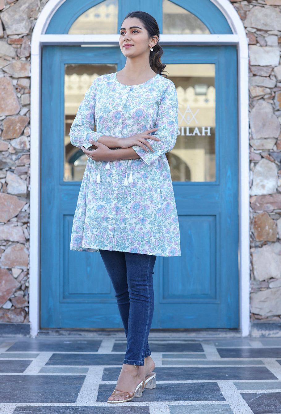 White Floral Print Cotton Shirt Tunic