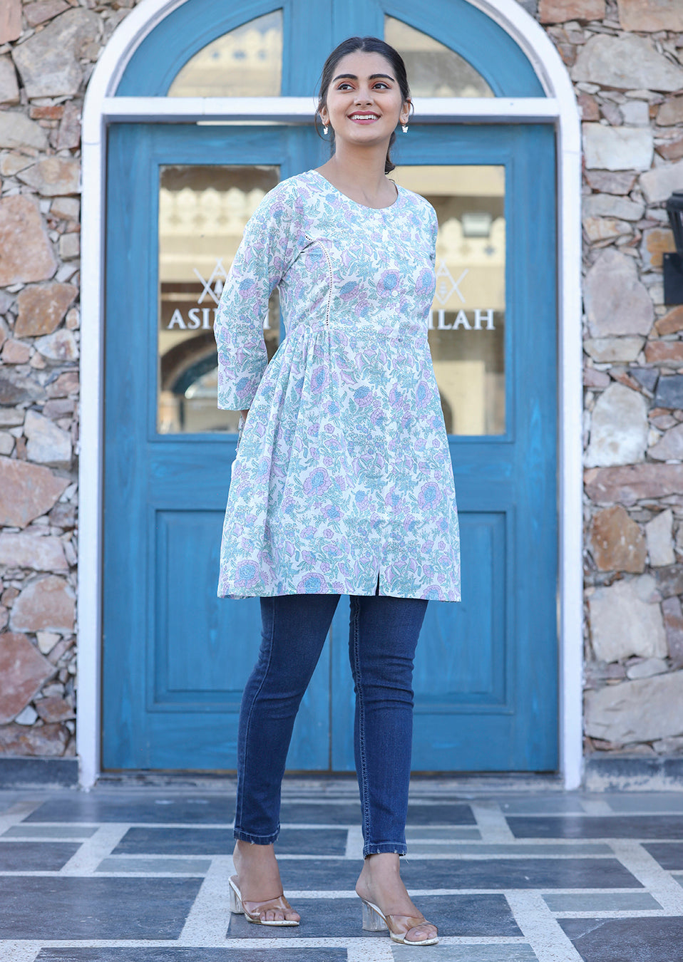 White Floral Print Cotton Shirt Tunic