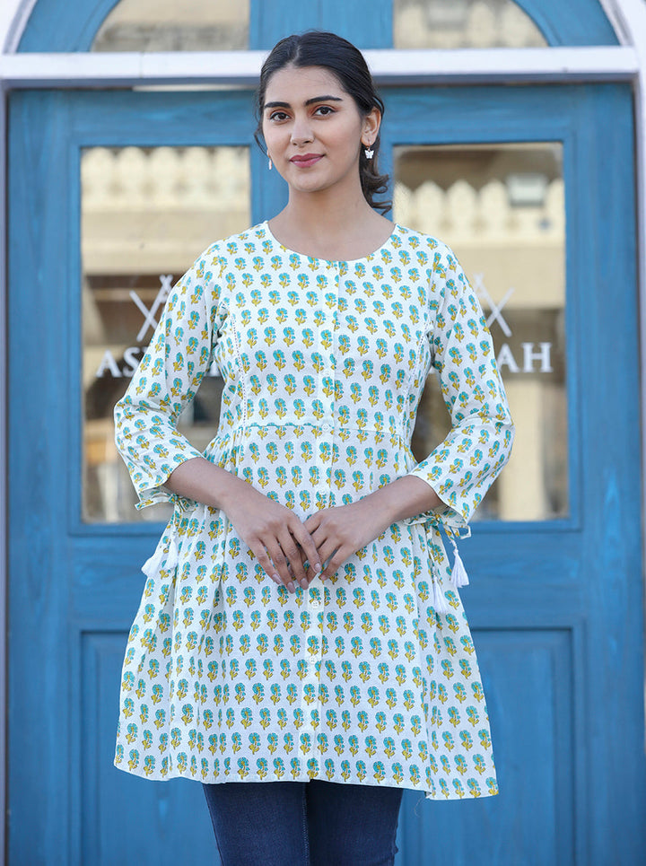 White-Green Floral Print Cotton Shirt Style Tunic