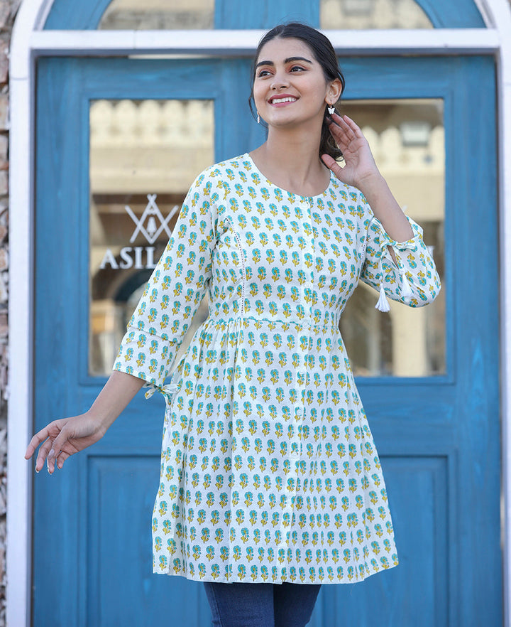 White-Green Floral Print Cotton Shirt Style Tunic