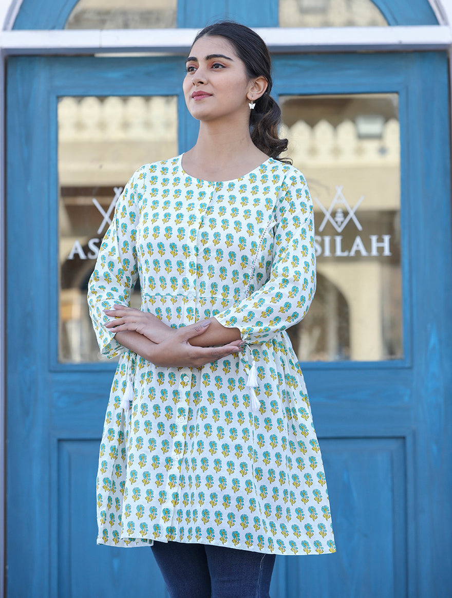 White-Green Floral Print Cotton Shirt Style Tunic