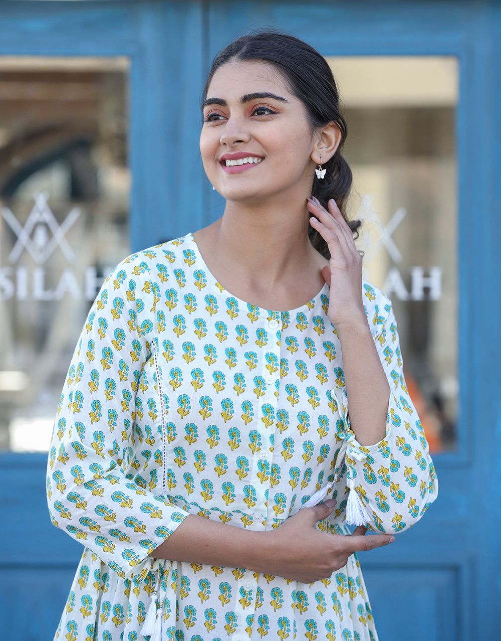 White-Green Floral Print Cotton Shirt Style Tunic