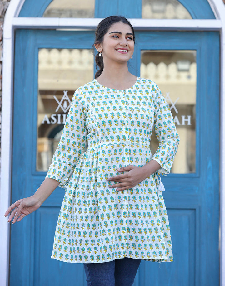 White-Green Floral Print Cotton Shirt Style Tunic