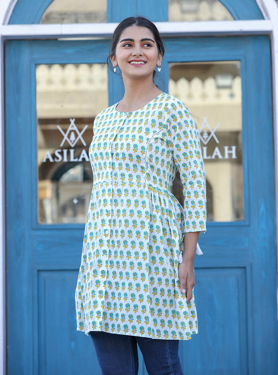 White-Green Floral Print Cotton Shirt Style Tunic