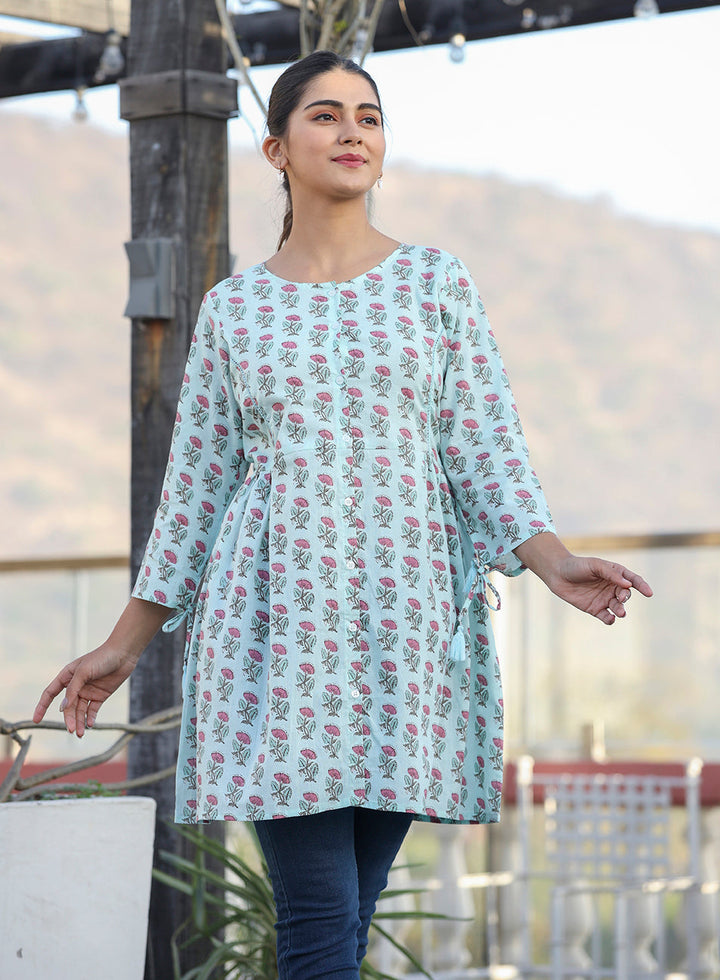 Light Green Floral Print Cotton Shirt Style Tunic