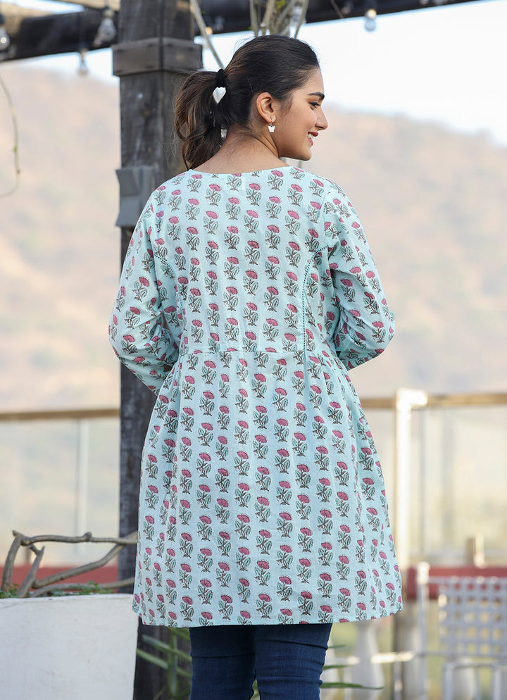 Light Green Floral Print Cotton Shirt Style Tunic