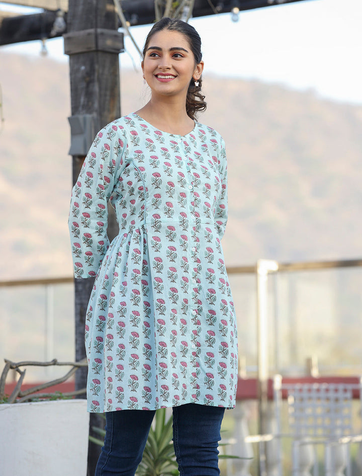 Light Green Floral Print Cotton Shirt Style Tunic