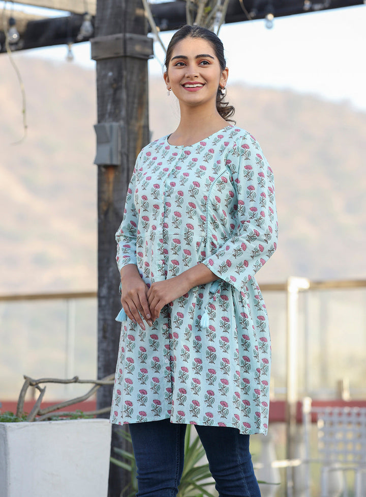 Light Green Floral Print Cotton Shirt Style Tunic