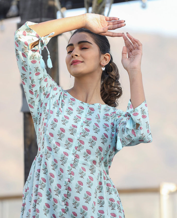 Light Green Floral Print Cotton Shirt Style Tunic