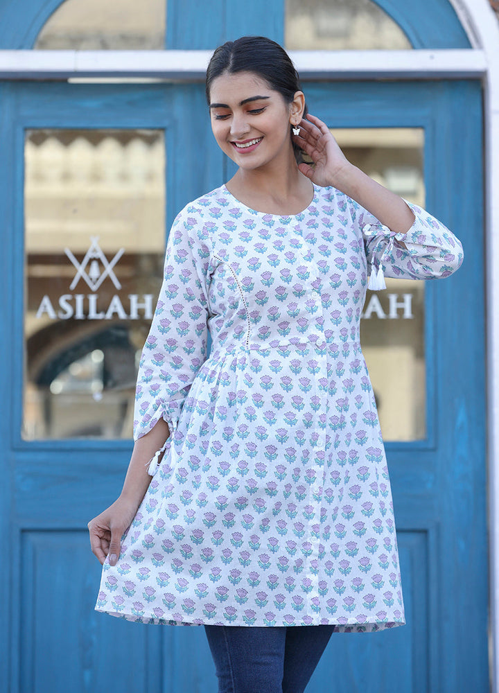 White Floral Print Cotton Shirt Style Tunic