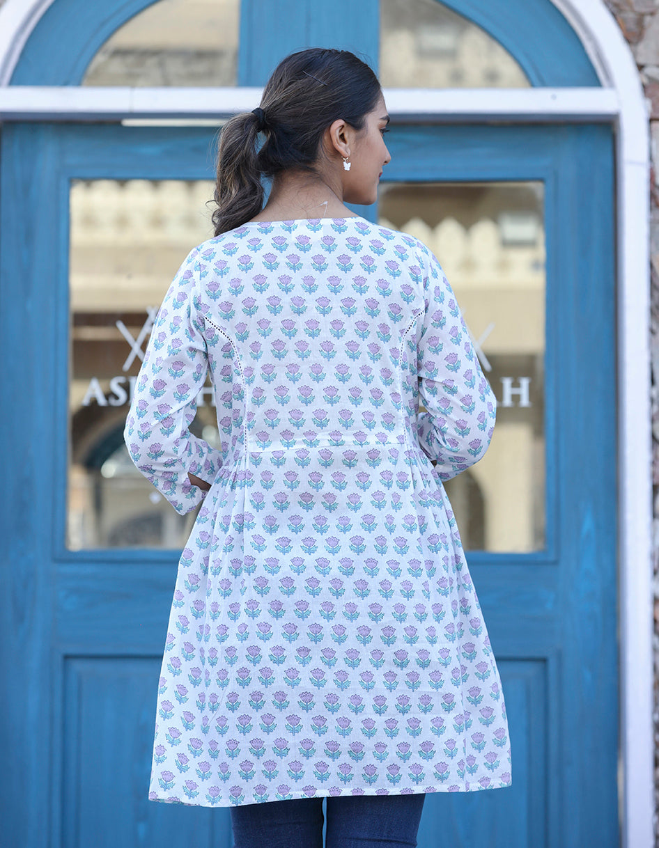 White Floral Print Cotton Shirt Style Tunic