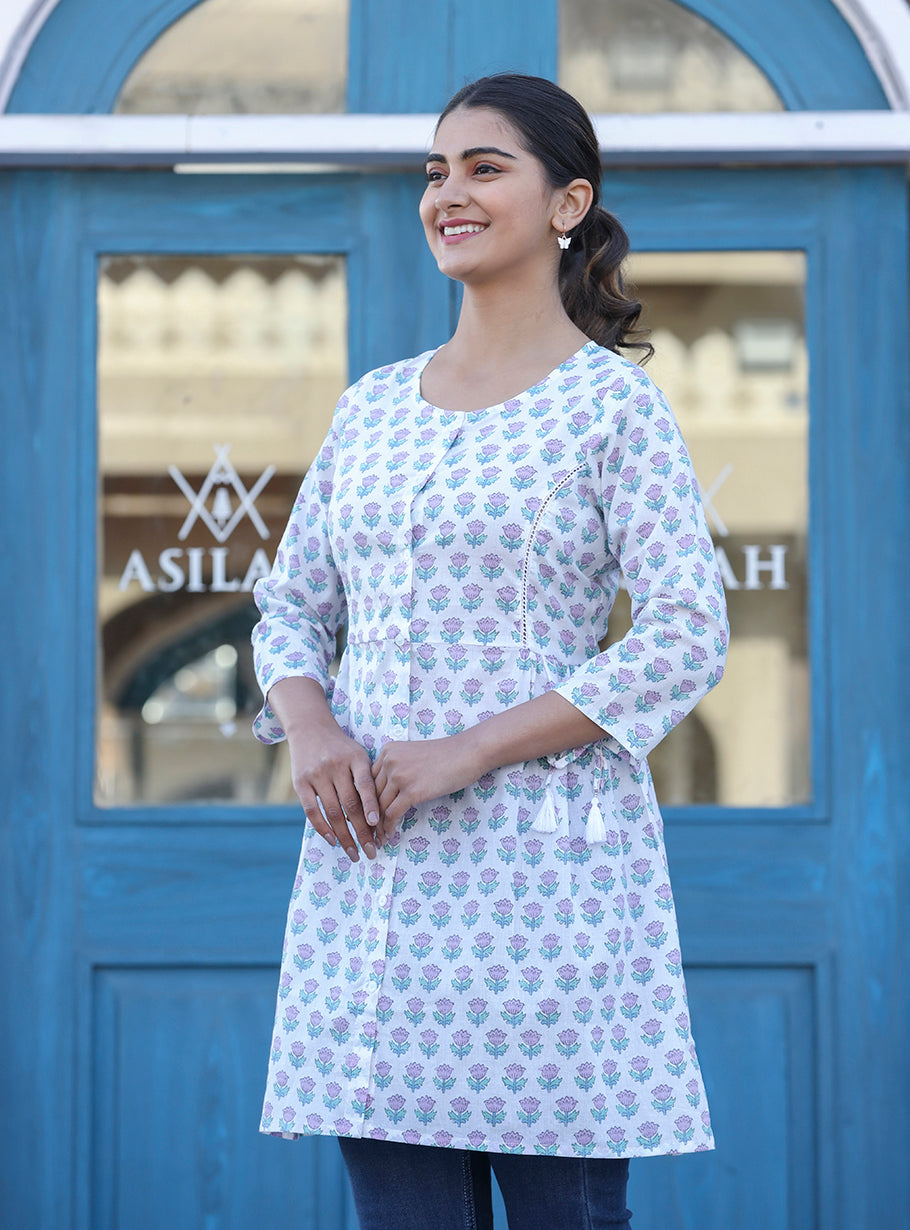 White Floral Print Cotton Shirt Style Tunic