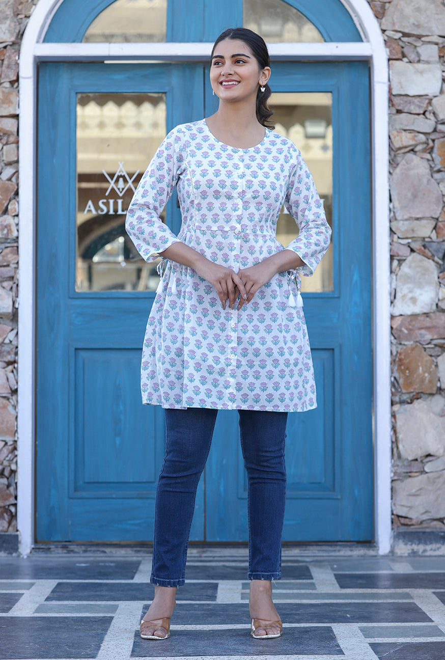 White Floral Print Cotton Shirt Style Tunic