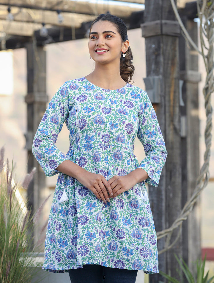 White-Blue Floral Print Cotton Shirt Style Tunic