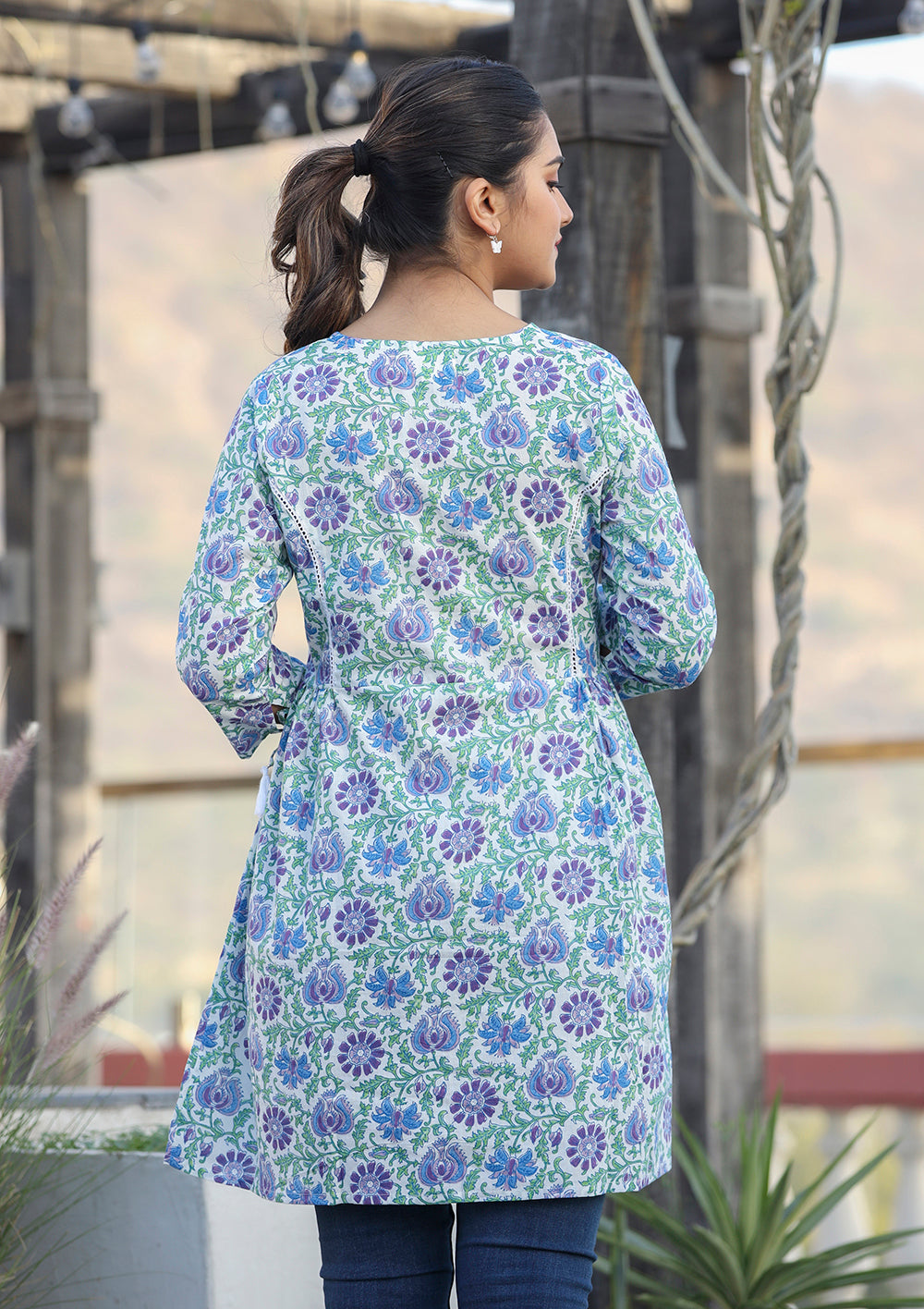 White-Blue Floral Print Cotton Shirt Style Tunic