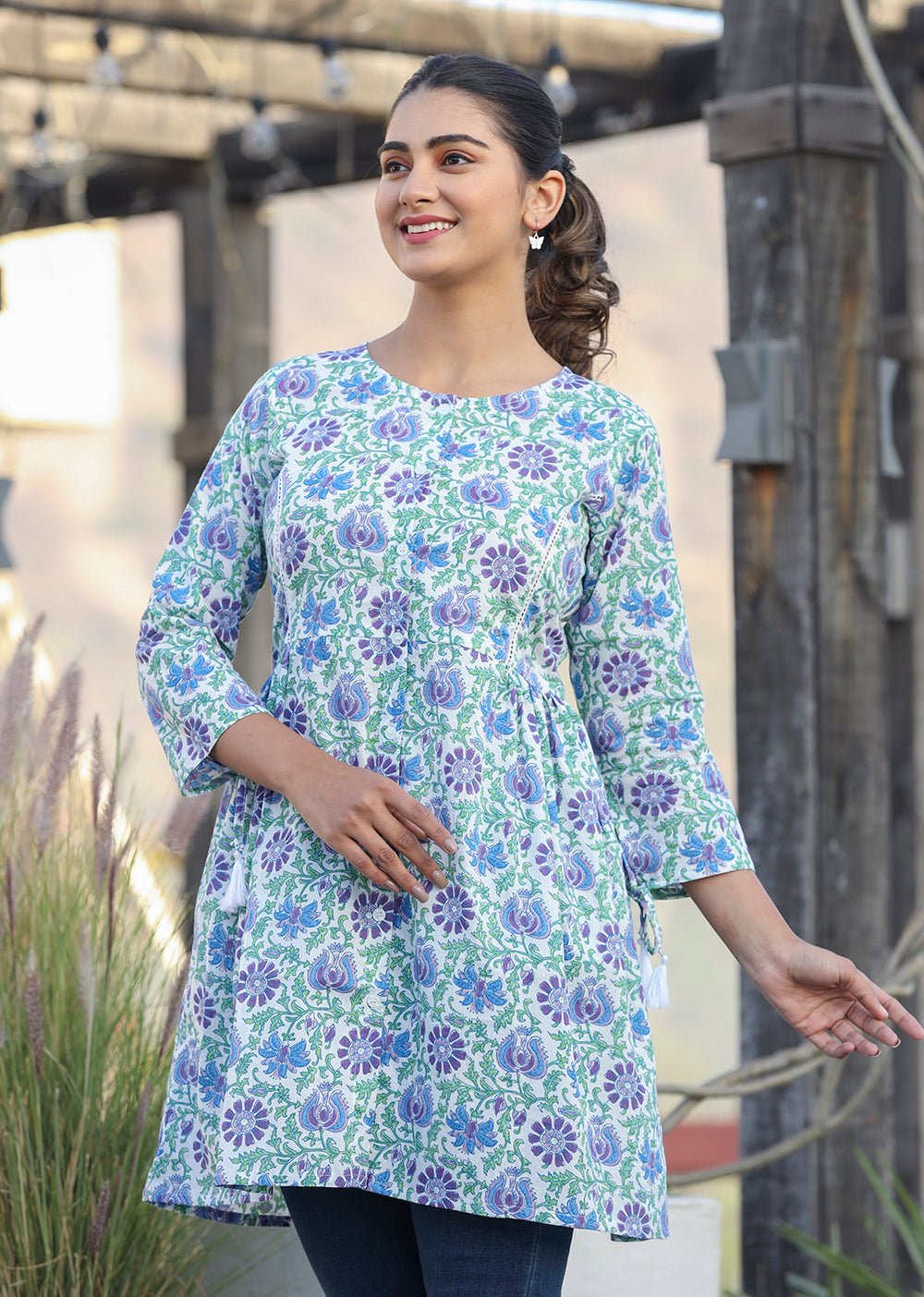 White-Blue Floral Print Cotton Shirt Style Tunic