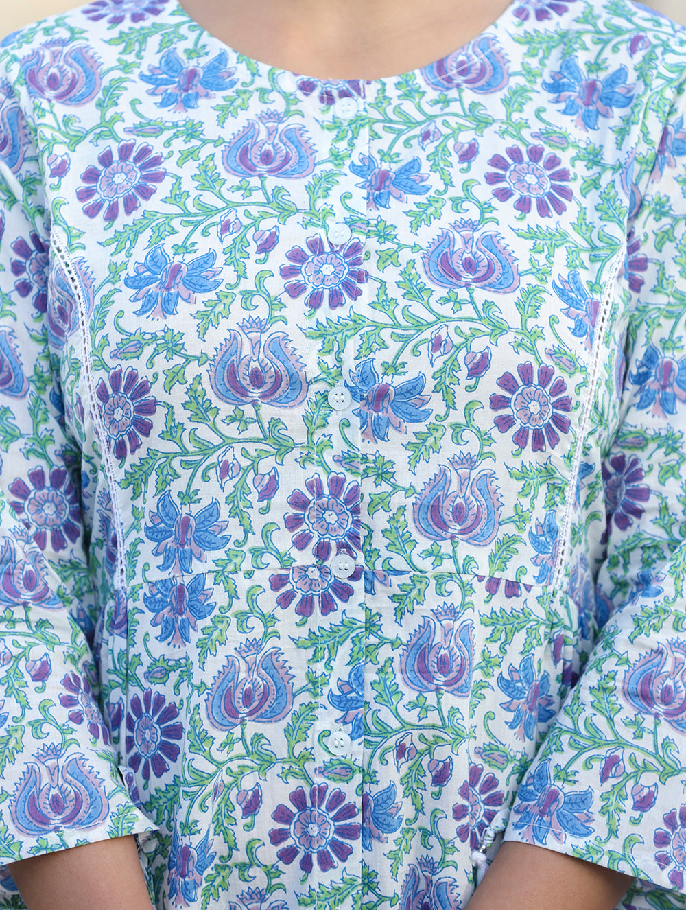 White-Blue Floral Print Cotton Shirt Style Tunic