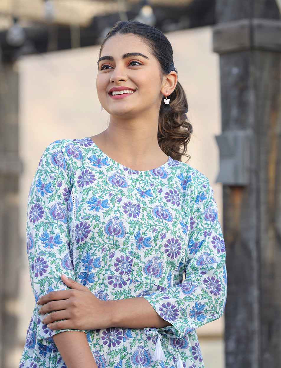 White-Blue Floral Print Cotton Shirt Style Tunic