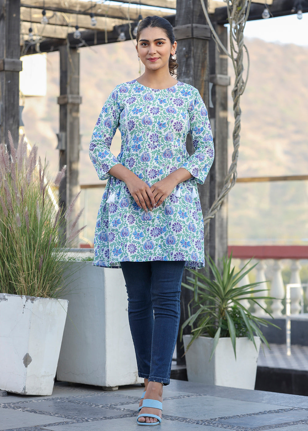 White-Blue Floral Print Cotton Shirt Style Tunic