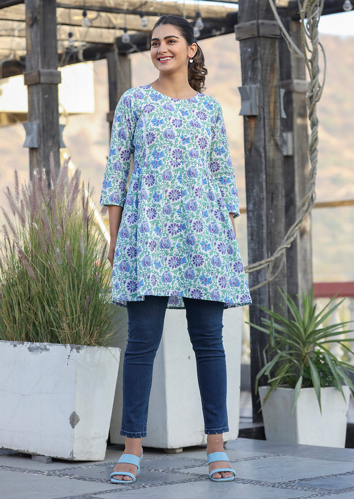 White-Blue Floral Print Cotton Shirt Style Tunic