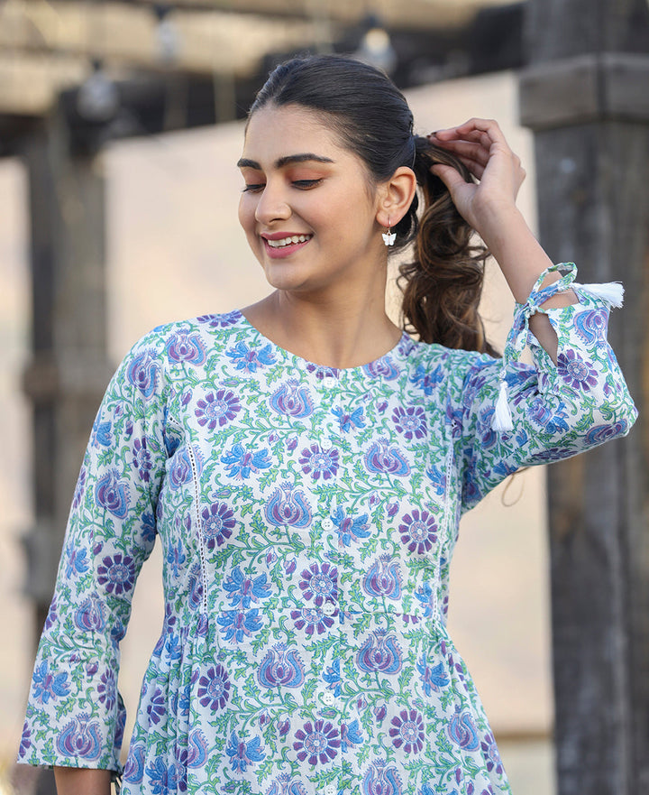 White-Blue Floral Print Cotton Shirt Style Tunic