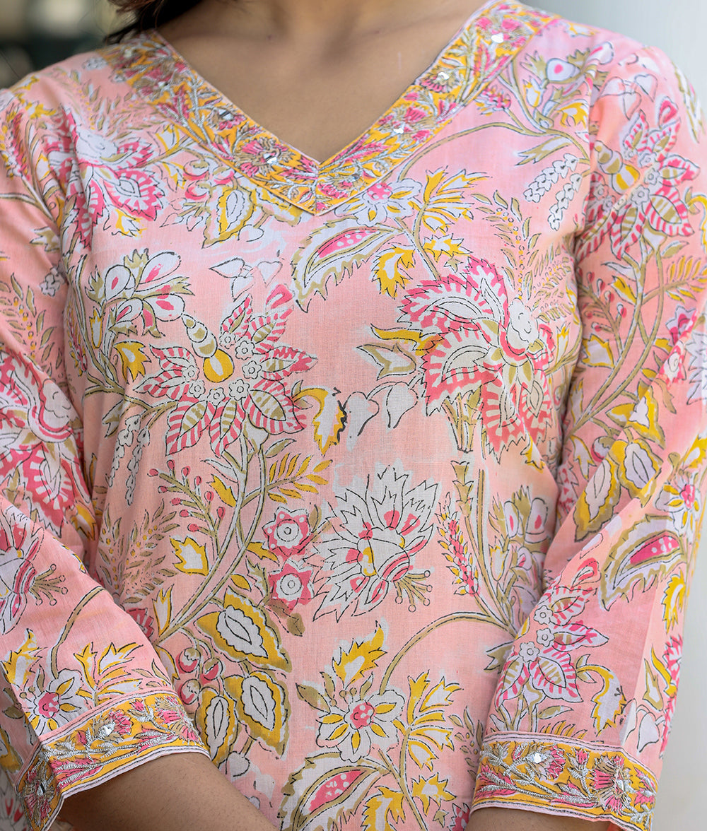 Pink Hand-Block Printed Cotton Suit Set
