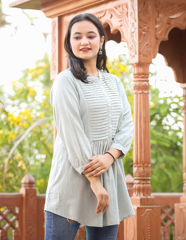Grey Cotton Tunic Top With Pearl Work