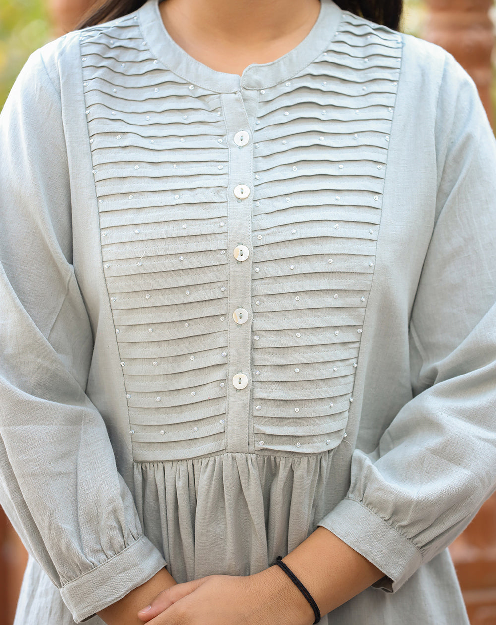 Grey Cotton Tunic Top With Pearl Work