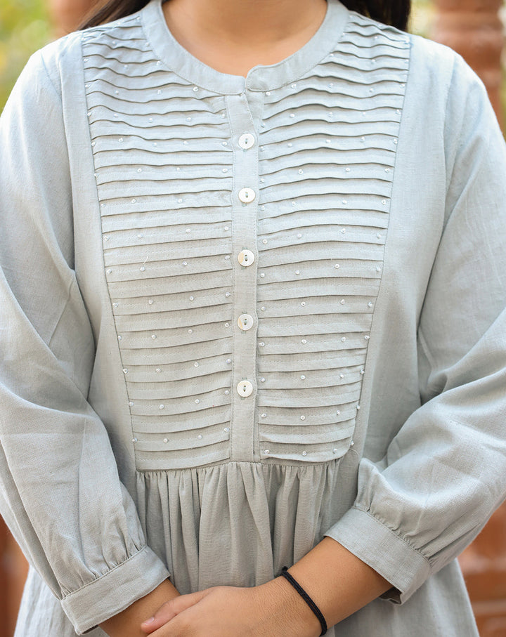 Grey Cotton Tunic Top With Pearl Work