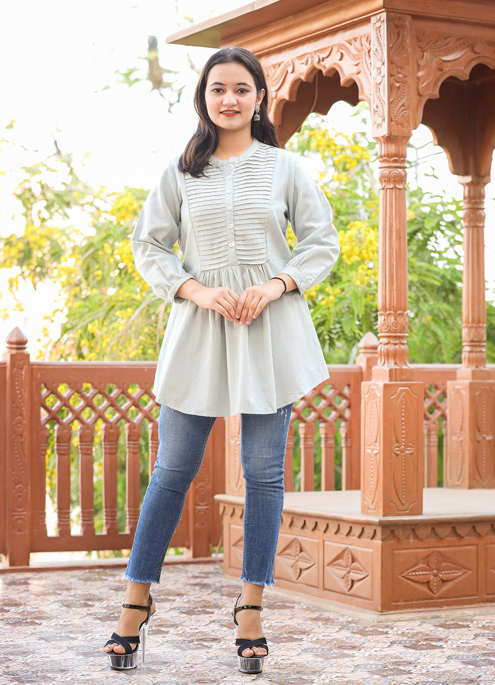 Grey Cotton Tunic Top With Pearl Work