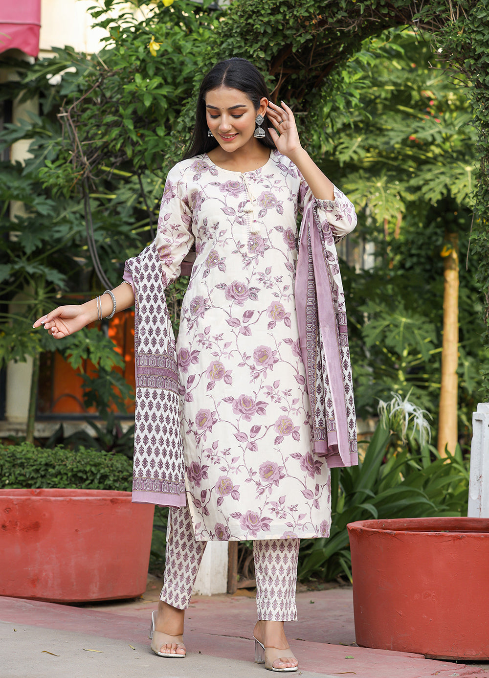 Light Purple Floral Print Cotton Kurta Pant Set With Dupatta (Set of 3)