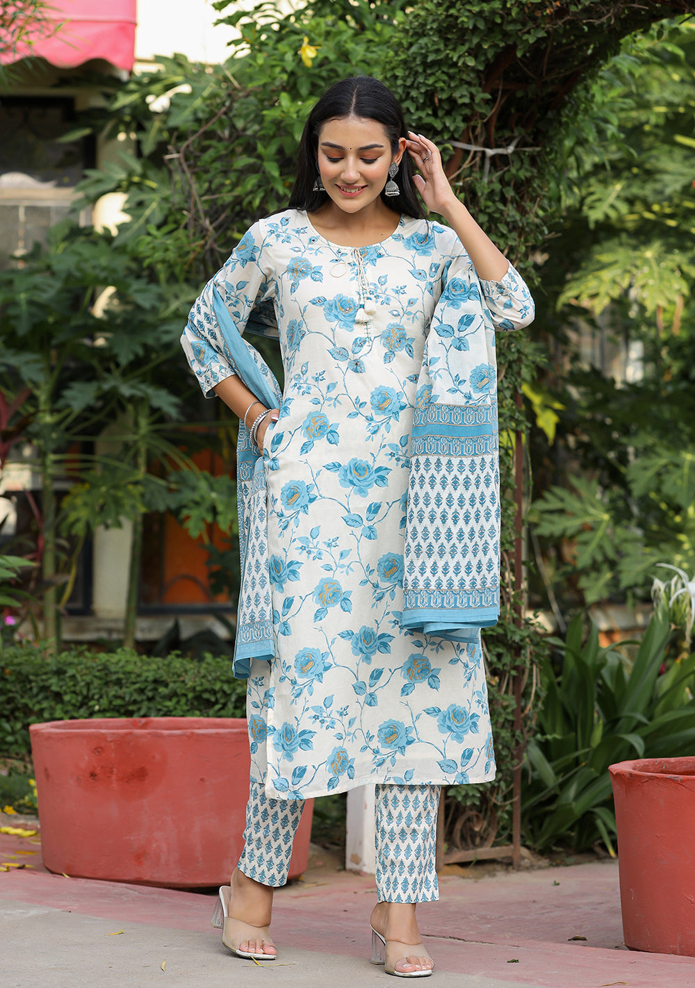 Sky Blue Floral Print Cotton Kurta Pant Set With Dupatta (Set of 3)