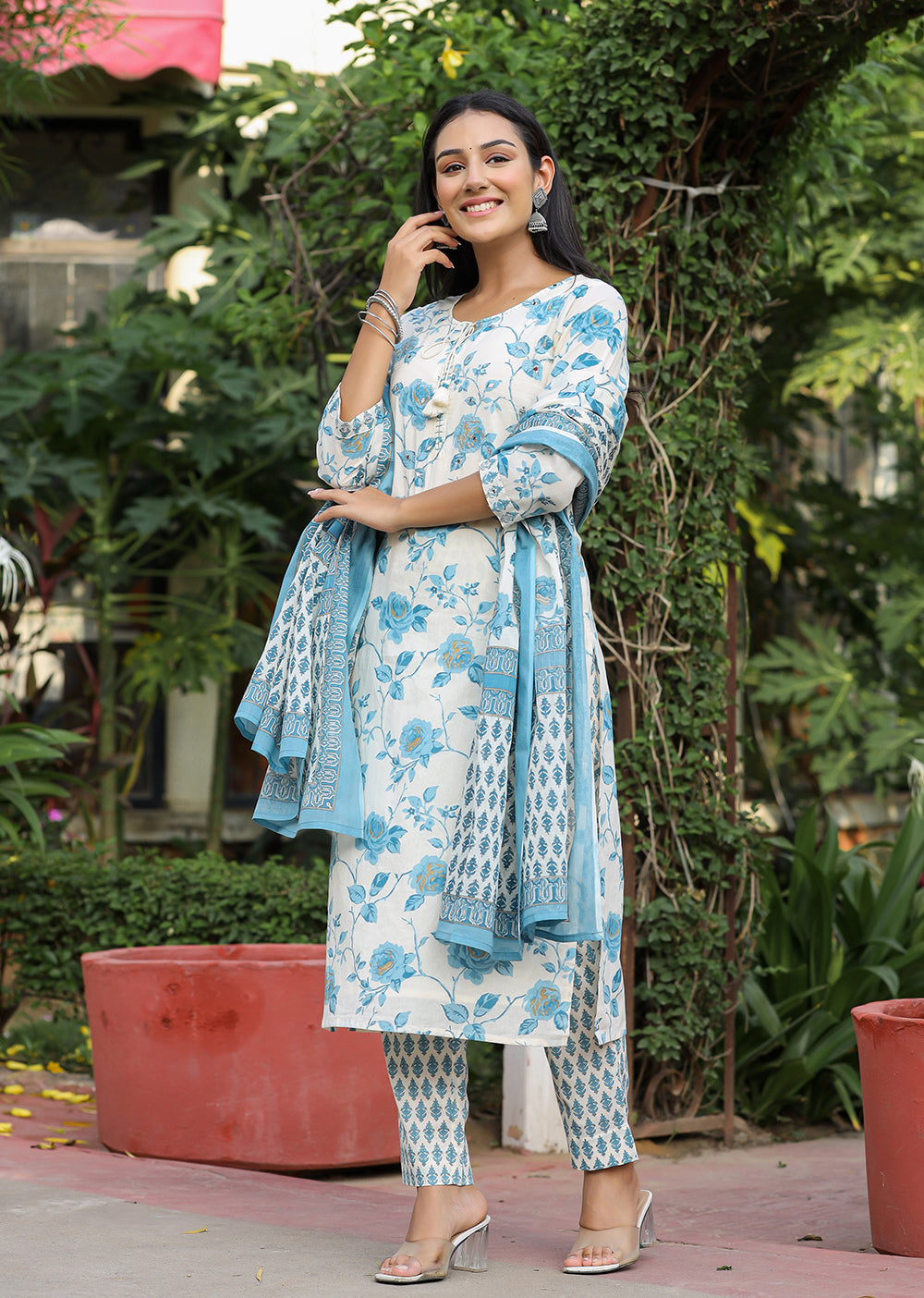 Sky Blue Floral Print Cotton Kurta Pant Set With Dupatta (Set of 3)