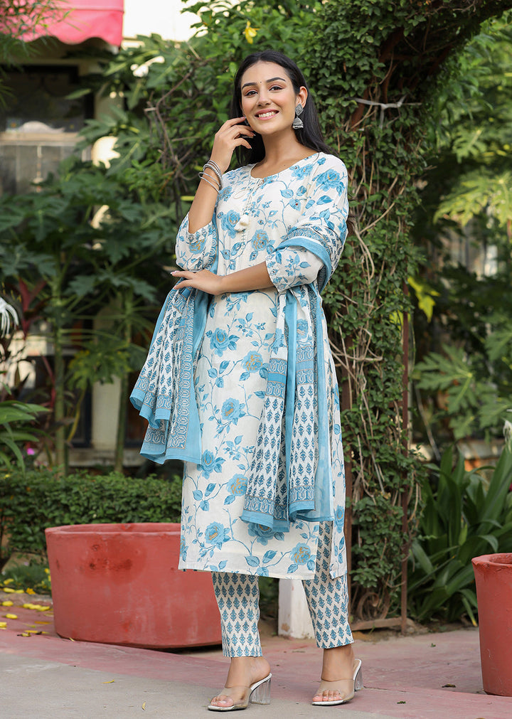 Sky Blue Floral Print Cotton Kurta Pant Set With Dupatta (Set of 3)