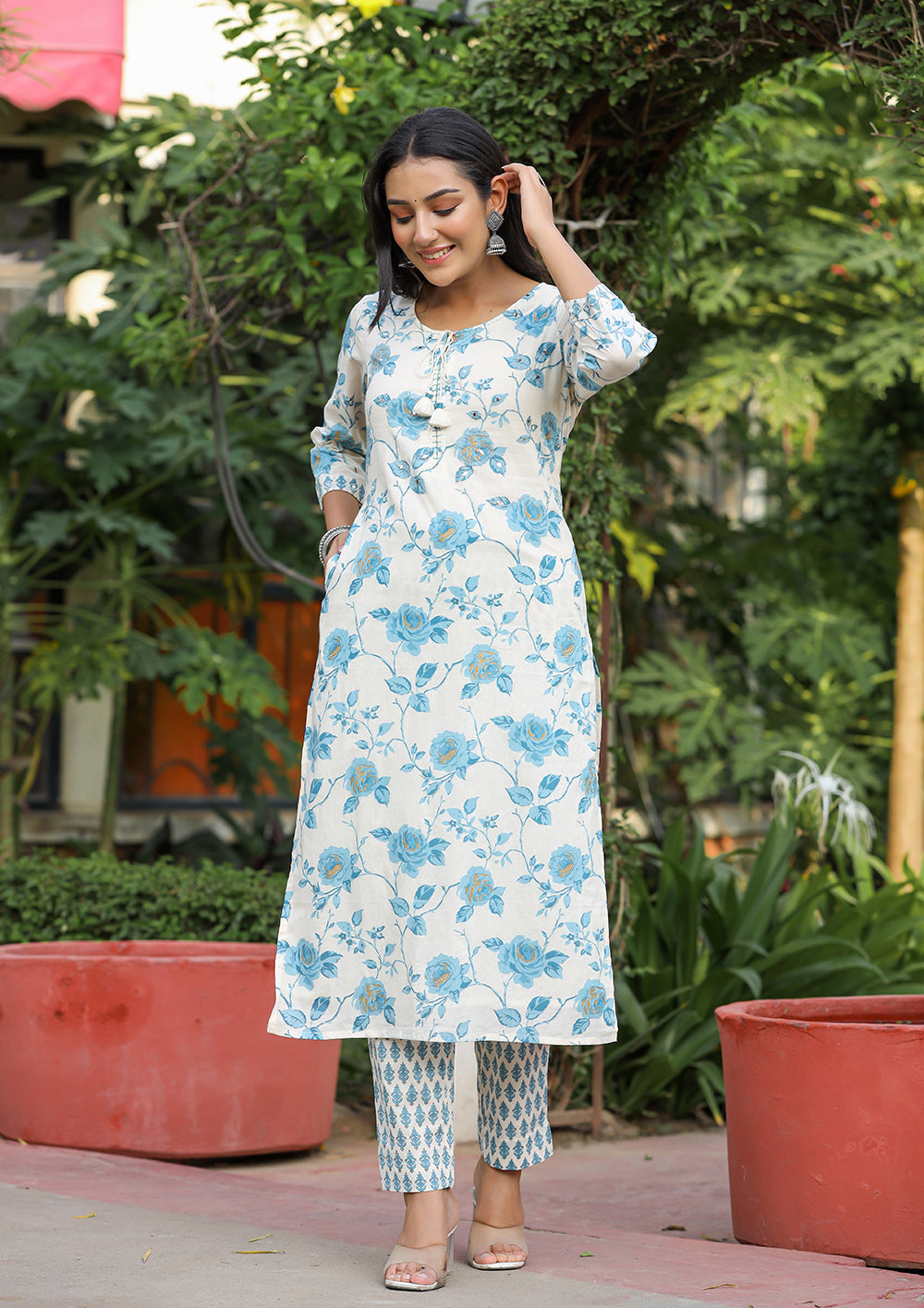 Sky Blue Floral Print Cotton Kurta Pant Set With Dupatta (Set of 3)