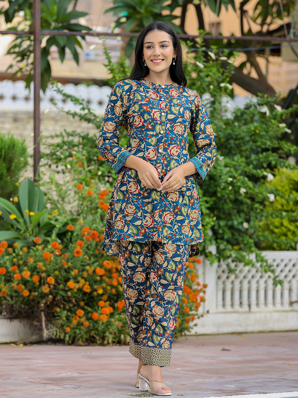 Blue Floral Print Viscose Rayon Kurta Pant Set