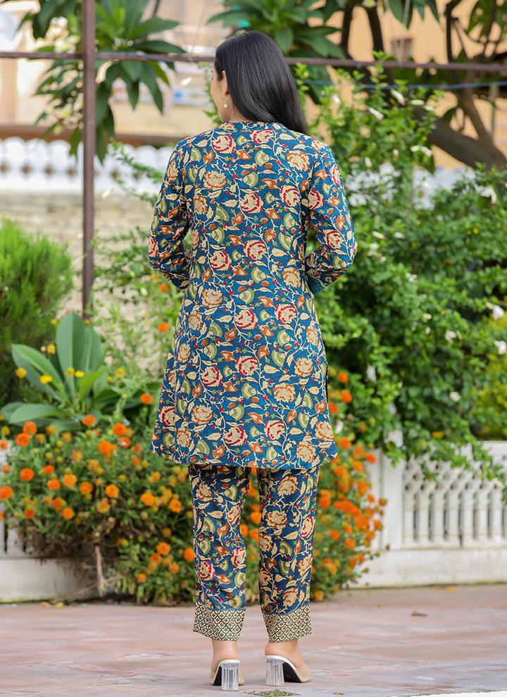 Blue Floral Print Viscose Rayon Kurta Pant Set