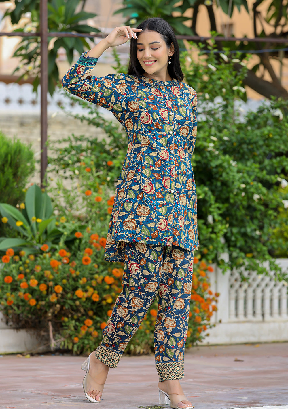 Blue Floral Print Viscose Rayon Kurta Pant Set