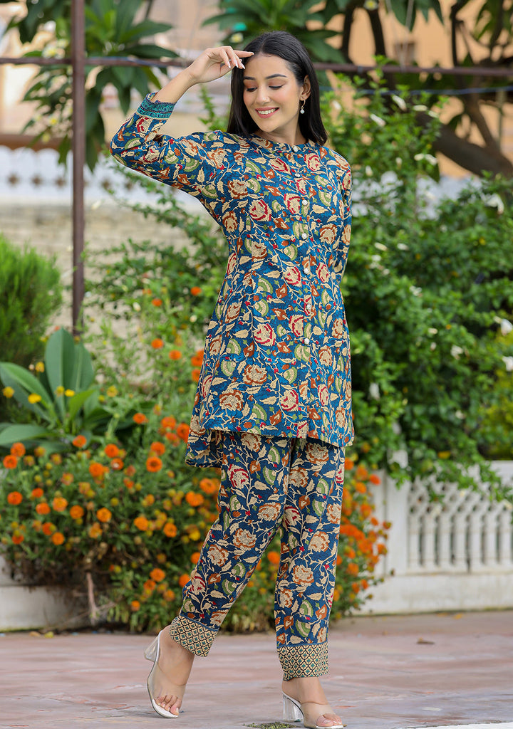 Blue Floral Print Viscose Rayon Kurta Pant Set