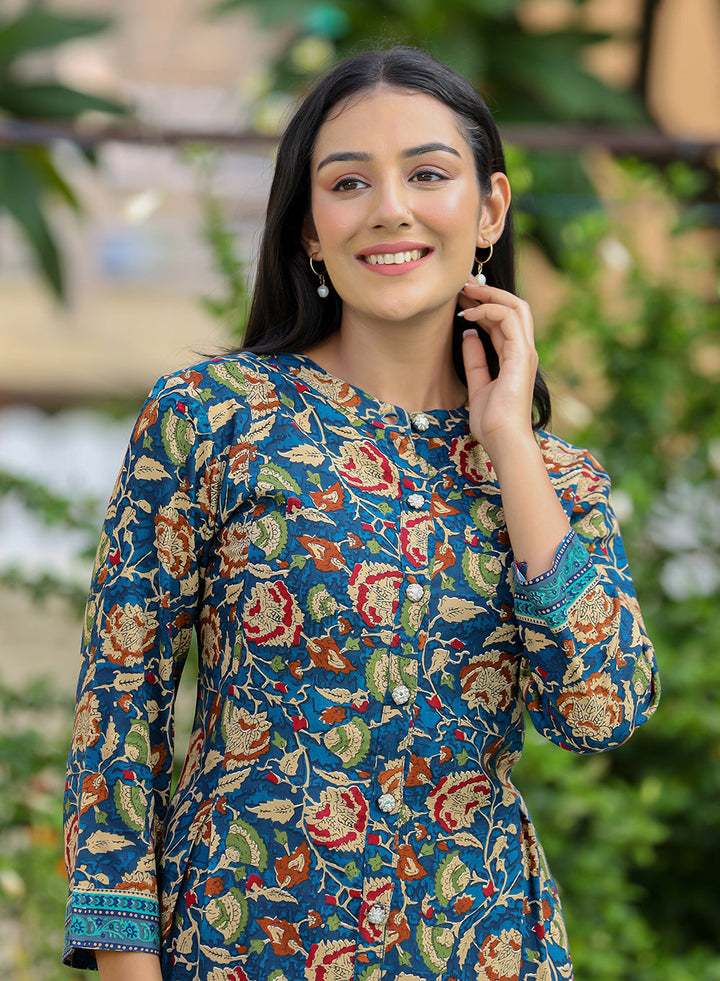 Blue Floral Print Viscose Rayon Kurta Pant Set