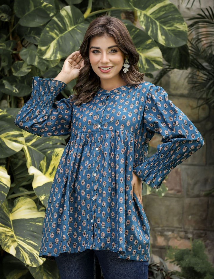 Navy Blue Floral Printed Cotton Tunic