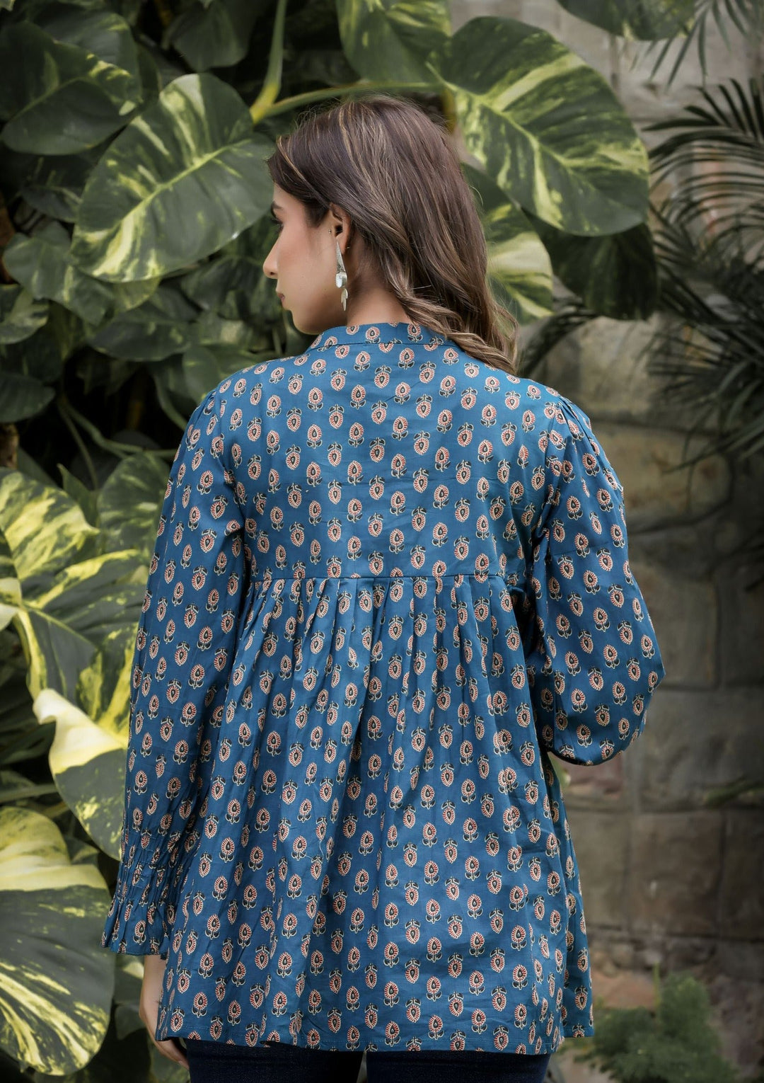 Navy Blue Floral Printed Cotton Tunic