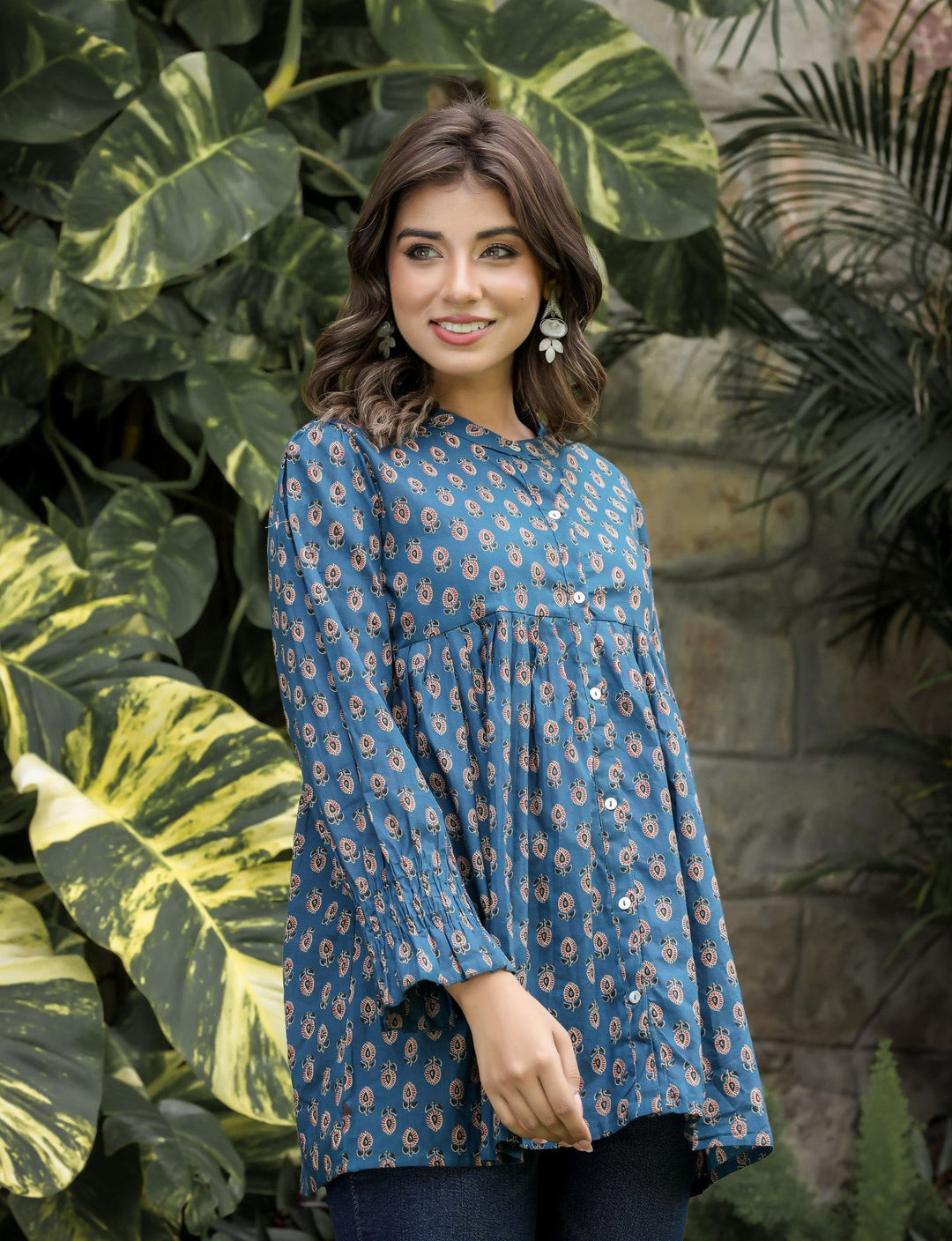 Navy Blue Floral Printed Cotton Tunic