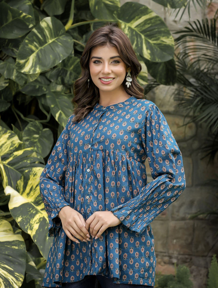 Navy Blue Floral Printed Cotton Tunic