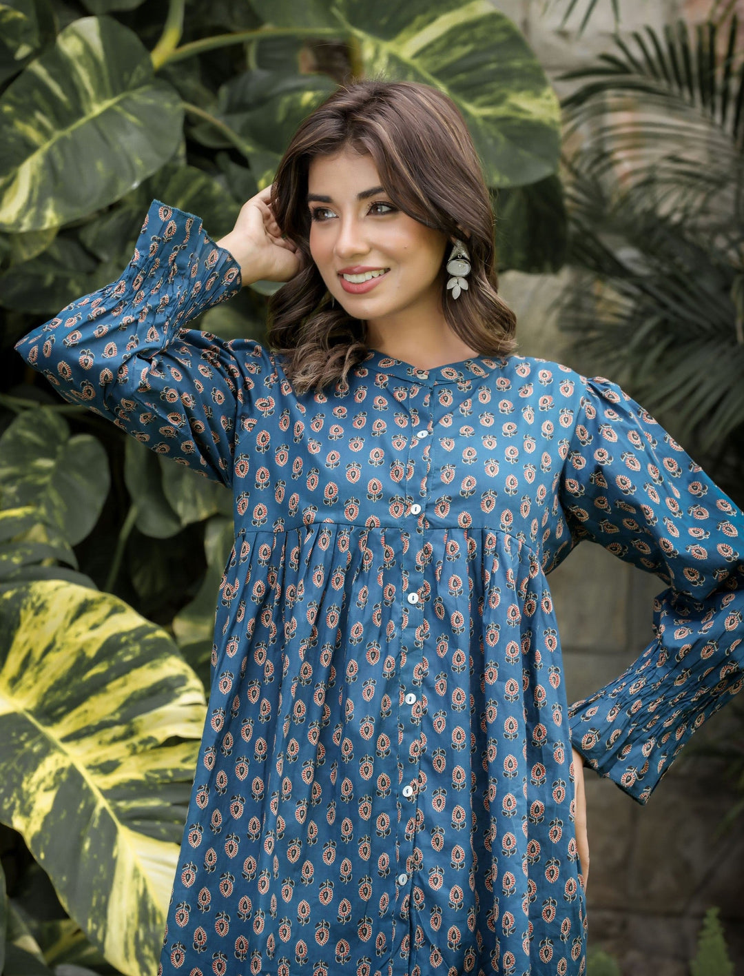 Navy Blue Floral Printed Cotton Tunic