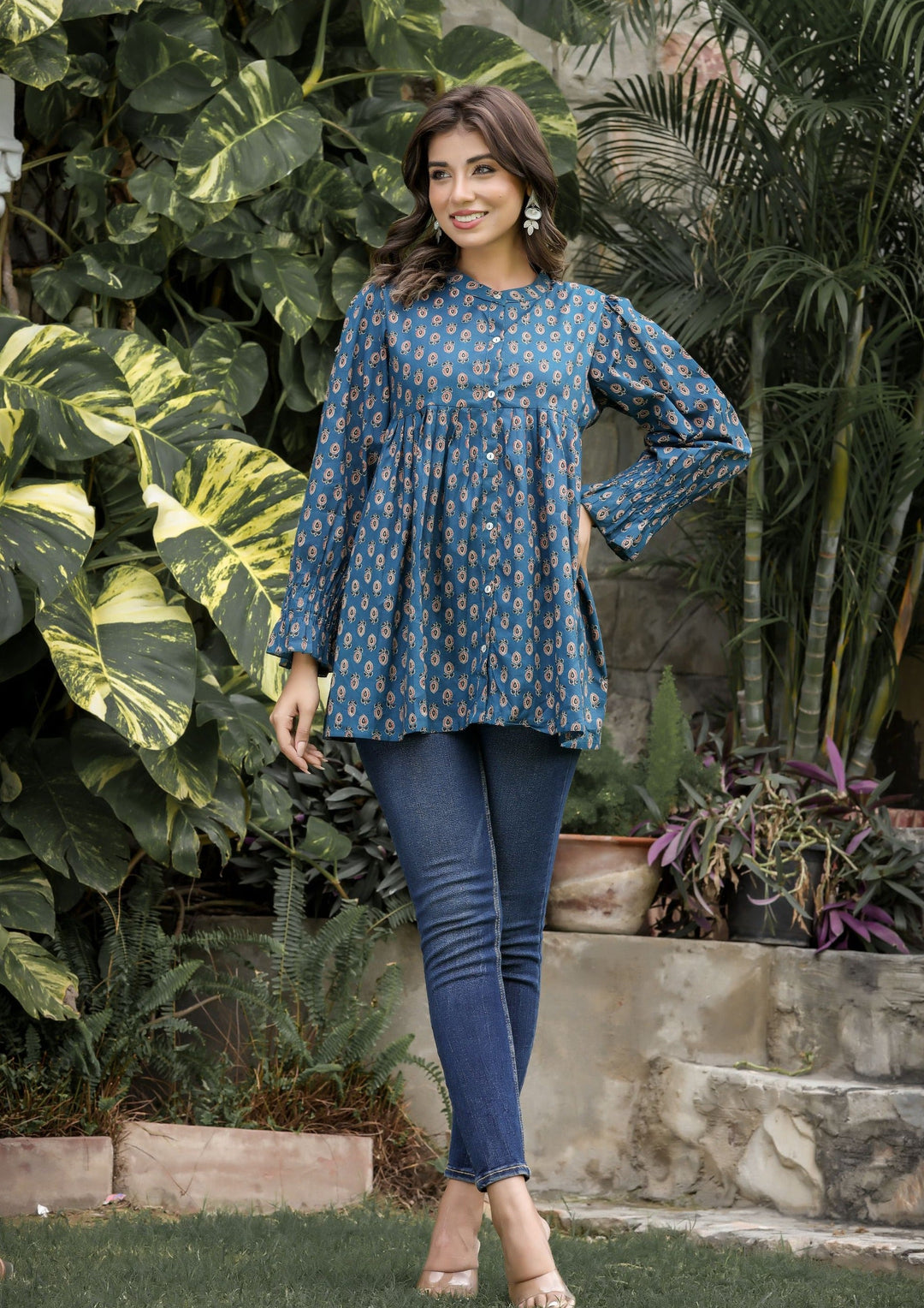 Navy Blue Floral Printed Cotton Tunic