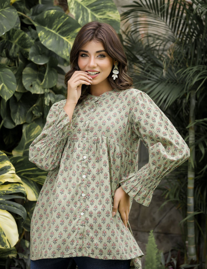 Green Floral Printed Cotton Tunic