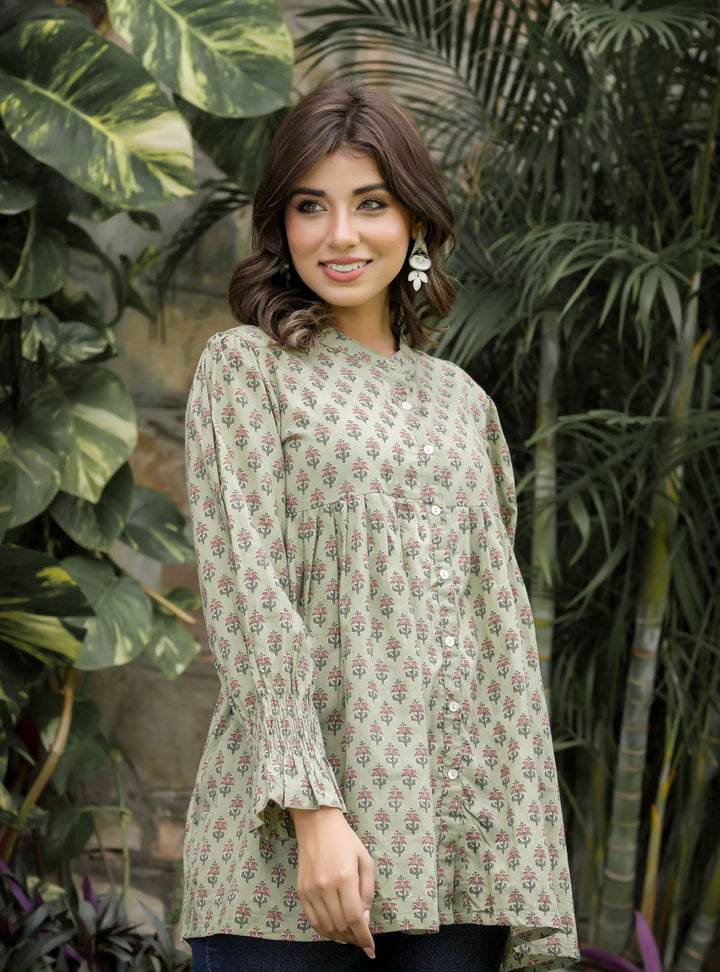 Green Floral Printed Cotton Tunic